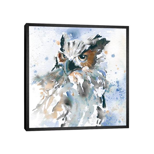 Owl on Blue by Carol Robinson - Painting Print on Canvas Alpen Home Size: 66.04cm H x 66.04cm W x 3.81cm D, Format: Black Framed Canvas on Productcaster.