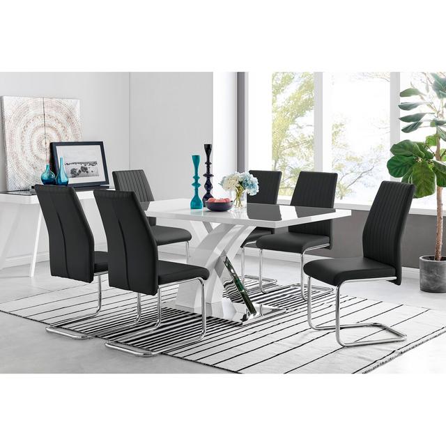 Marietta Chrome Metal and White High Gloss Dining Table Set - 6 Luxury Faux Leather Dining Chairs Canora Grey Colour (Chair): Black on Productcaster.