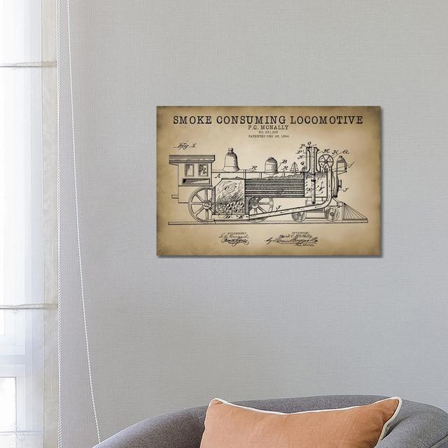 Smoke Consuming Locomotive, 1894, Beige by PatentPrintStore - Wrapped Canvas Graphic Art ClassicLiving Size: 45.72cm H x 66.04cm W x 3.81cm D on Productcaster.