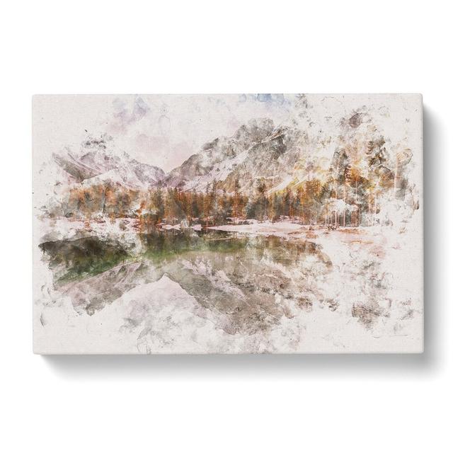 Pragser Wildsee Lake in Italy Watercolour - Wrapped Canvas Graphic Art Print East Urban Home Size: 35cm H x 50cm W x 3cm D on Productcaster.