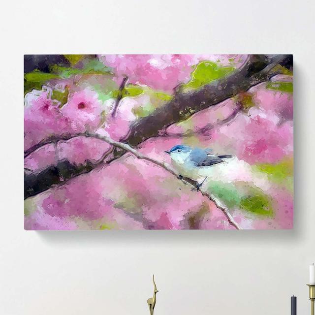 Bird In The Cherry Blossom Tree In Abstract - Wrapped Canvas Painting East Urban Home Size: 60cm H x 91cm W x 3cm D on Productcaster.