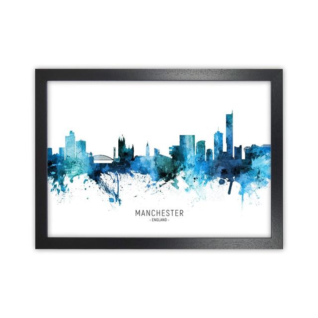 Manchester England Skyline Blue City Name by Michael Tompsett - Graphic Art Ebern Designs Size: 34cm H x 46cm W x 3cm D, Format: Black Framed on Productcaster.