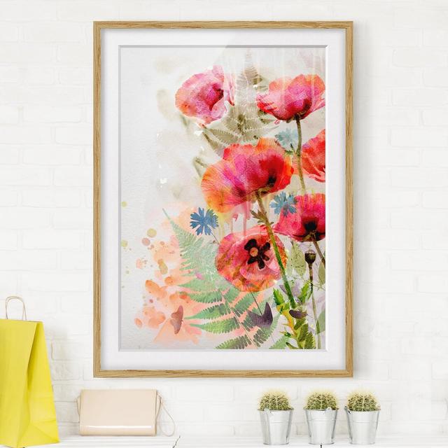 Gerahmter Kunstdruck Poppies Watercolour East Urban Home Größe: 55 cm H x 40 cm B, Rahmenoptionen: Naturbelassene Eiche on Productcaster.