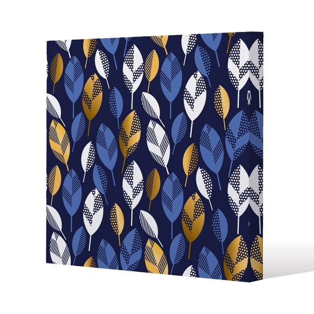 White, Blue & Gold Leaves On Navy Background Canvas Print Andrew Lee on Productcaster.