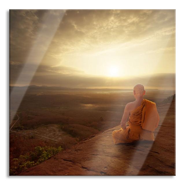 Monk Meditates On A Rocky Outcrop - No Frame Print on Glass Brayden Studio Size: 70cm H x 70cm W x 0.4cm D on Productcaster.