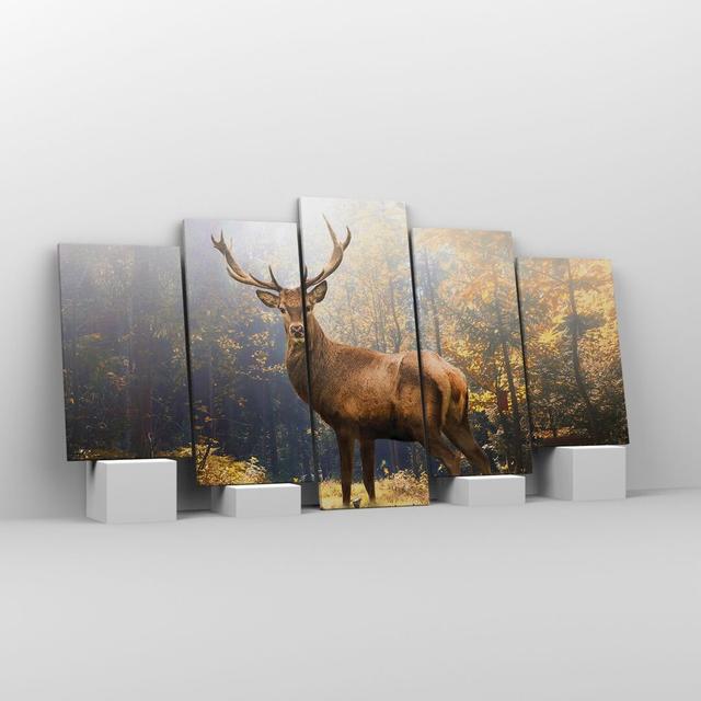 Light Deer Forest - 5 Piece Wrapped Canvas Photograph Union Rustic Size: 100cm H x 150cm W x 1.8cm D on Productcaster.