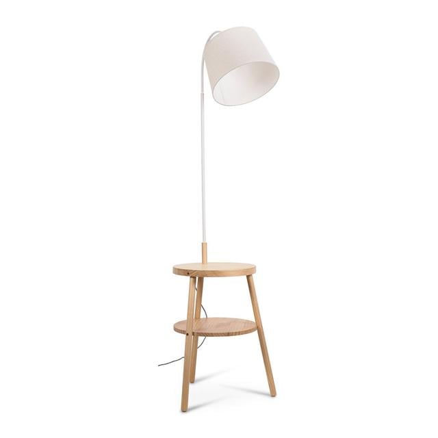 Lompico Dark Wood Side Table Shelved Tripod Floor Lamp with Fabric Shade & Bulb George Oliver Base Finish: White on Productcaster.