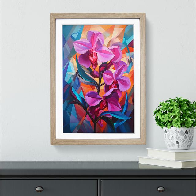 Orchid Flower Cubism - Single Picture Frame Art Prints on Wood Big Box Art Size: 64cm H x 46cm W x 2cm D, Frame Colour: Oak Framed on Productcaster.