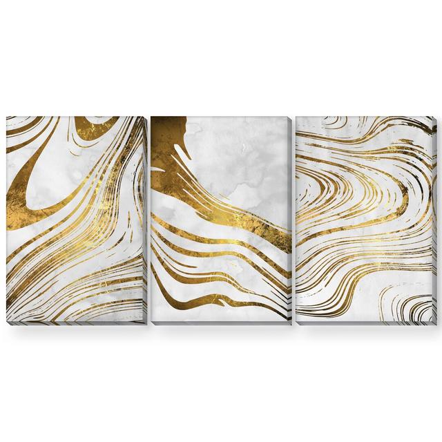 Golden Ripple - 3 Piece Graphic Art Set on Canvas Clock Canvas Size: 45cm H x 90cm W x 3.8cm D, Format: Wrapped Canvas on Productcaster.