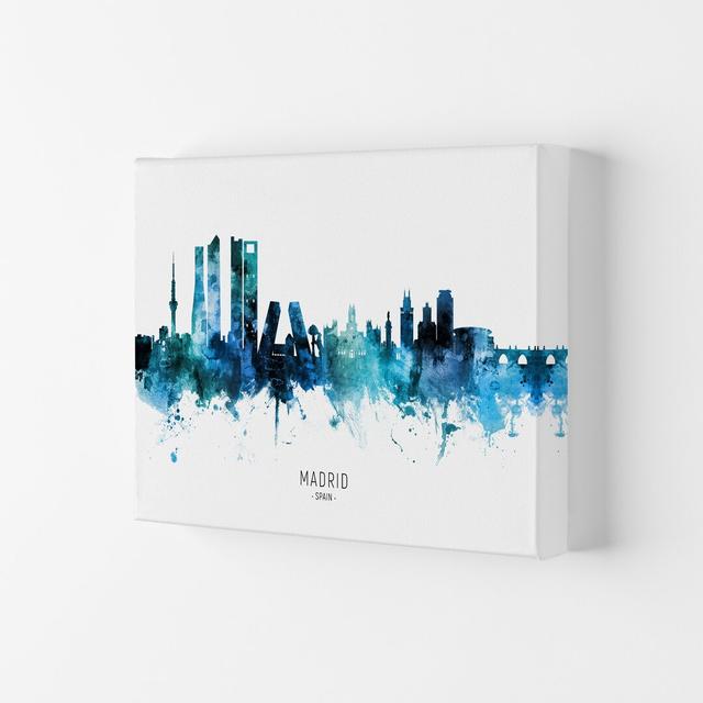 Madrid Spain Skyline Blue City Name by Michael Tompsett - Graphic Art Ebern Designs Size: 42cm H x 59.4cm W x 4cm D, Format: Wrapped Canvas on Productcaster.