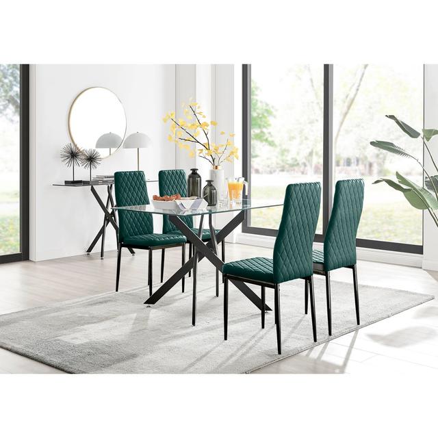 Lenworth Glass Rectangular Dining Table Set with 4 Quilted Velvet Dining Chairs Furniture Box Table Base Colour: Black, Chair Colour: Green on Productcaster.