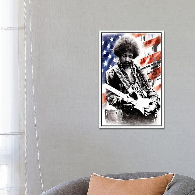 Jimi Hendrix (American Flag Background) - Print on Canvas 17 Stories Size: 66.04cm H x 45.72cm W x 3.81cm D, Frame Option: White Framed on Productcaster.