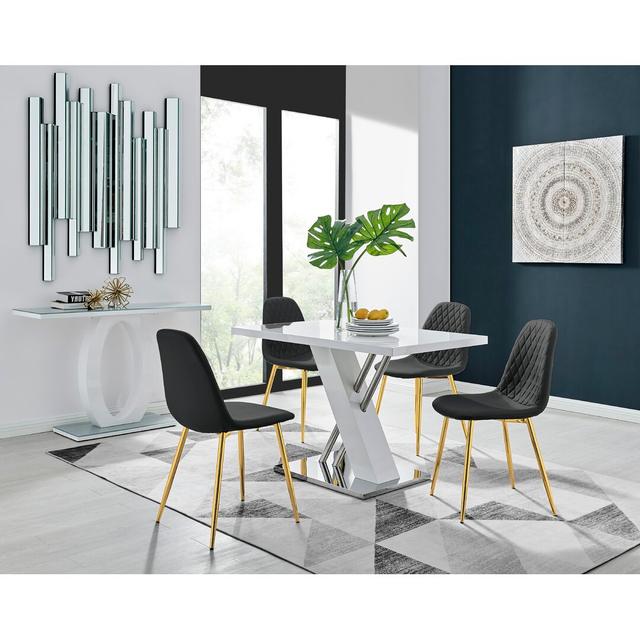 Sorro Cross Luxury High Gloss & Chrome Dining Table Set with 4 Luxury Faux Leather Chairs Canora Grey Colour (Chair): Black/Gold on Productcaster.