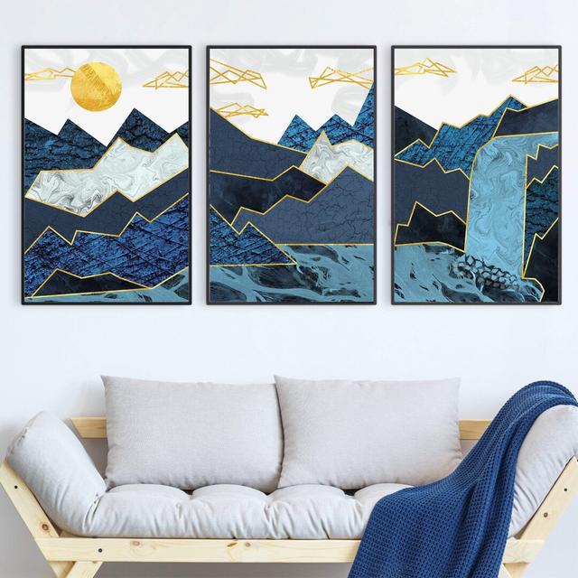 Abstract Waterfall - 3 Piece Picture Frame Graphic Art Print Set on Paper Clock Canvas Frame Option: Black Framed, Size: 80cm H x 180cm W x 3cm D on Productcaster.