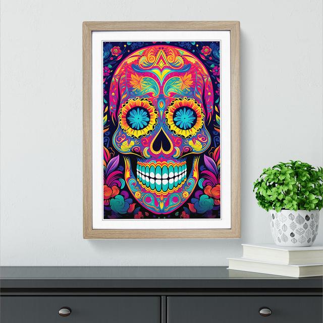 Sugar Skull Colour Field No.2 Happy Larry Frame Colour: Oak, Size: 34cm H x 25cm W x 2cm D on Productcaster.