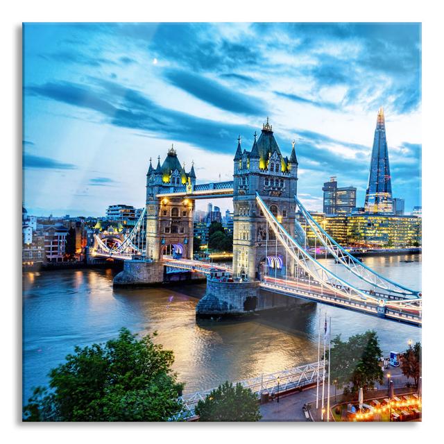 Illuminated Tower Bridge in the Evening - Unframed Graphic Art on Glass Ebern Designs Size: 60cm H x 60cm W x 0.4cm D on Productcaster.