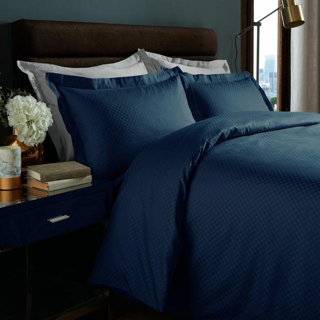 Adria 100% Cotton 350 TC Reversible Duvet Cover Set Marlow Home Co. Colour: Navy, Size: Super King Duvet Cover + 2 Standard Pillowcases on Productcaster.