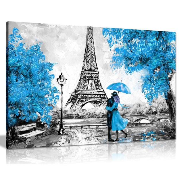 Paris Oil Painting Reproduction Eiffel Tower - Wrapped Canvas Print Panther Print Colour: Blue, Size: 41cm H x 61cm W on Productcaster.