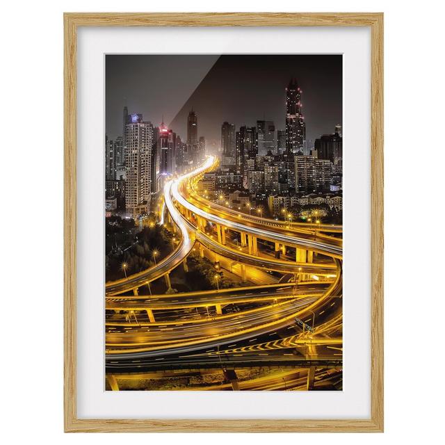 'Shanghai at Night' Framed Graphic Art Print East Urban Home Rahmenoptionen: Natural oak, Size: 70cm H x 50cm W on Productcaster.