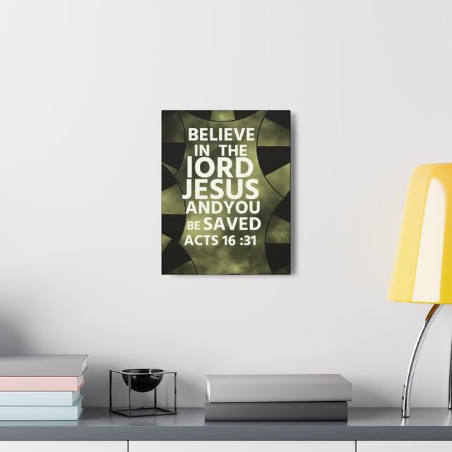 Believe In The Lord Acts 16:31 - Wrapped Canvas Typography Blue Elephant Size: 41cm H x 30cm W on Productcaster.