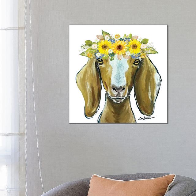 Madge The Goat With Sunflowers Flower Crown by Hippie Hound Studios - Wrapped Canvas Painting Brambly Cottage Size: 66.04cm H x 66.04cm W x 1.91cm D on Productcaster.