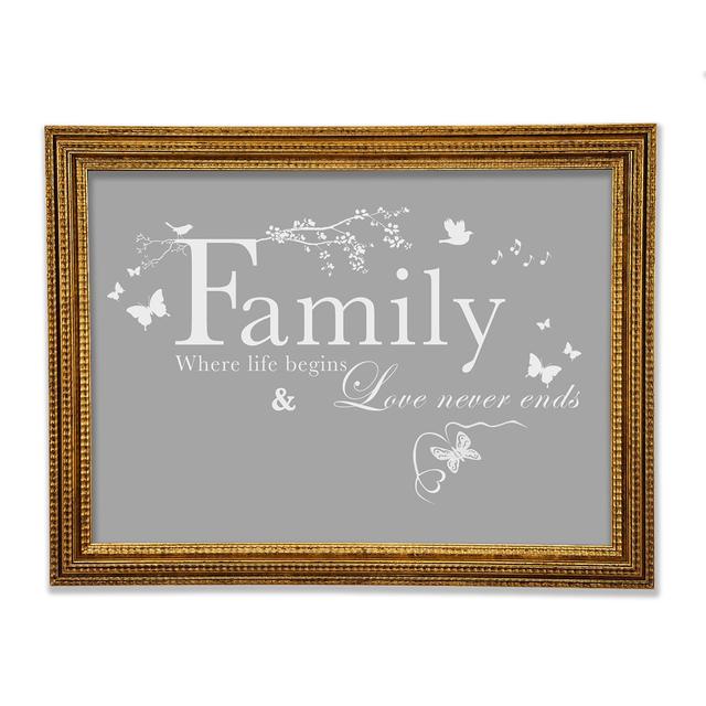 Family Quote Family Where Life Begins Framed Print Happy Larry Size: 59.7cm H x 84.1cm W x 3cm D, Colour: Grey White on Productcaster.