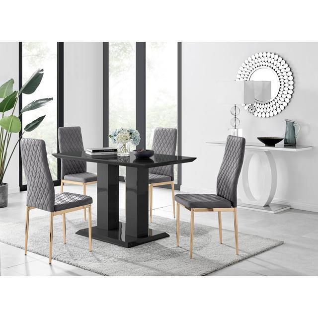 Edzard Double Pedestal High Gloss Dining Table Set with x4 Luxury Velvet Upholstered Dining Chairs Furniture Box Chair Colour: Grey/Gold on Productcaster.