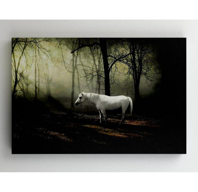 Wildes weißes Einhorn im Wald - Druck ohne Rahmen auf Leinwand ModernMoments Größe: 99,5 cm H x 141,7 cm B on Productcaster.