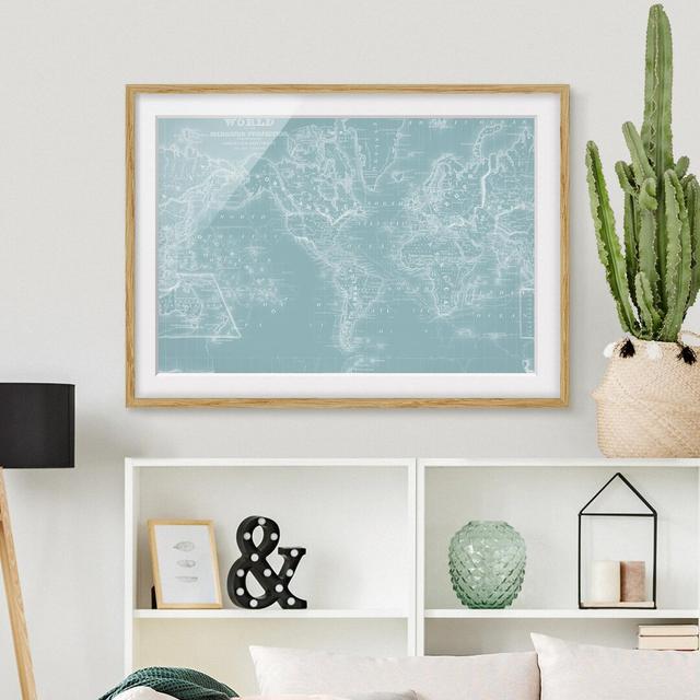 0-0-94/*Picture With Frame - World Map In Ice Blue - Landscape Format 3:4 Highland Dunes Size: 30cm H x 40cm W x 2cm D, Frame Option: Brown Framed on Productcaster.