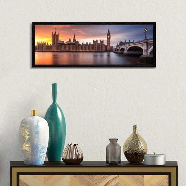 London Palace Of Westminster Sunset - Panoramic Print on Canvas Ebern Designs Format: Black Framed, Size: 30.48cm H x 91.44cm W x 3.81cm D on Productcaster.