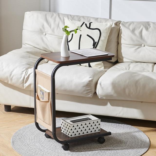 C-Shape Side Table, Under Sofa Table For Living Room, Space Saving End Table With Storage Basket & Wheels, Mobile Laptop Desk Snack Table For Home Off on Productcaster.