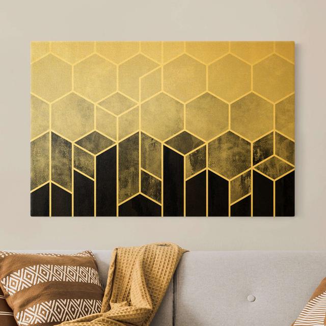 Golden Hexagons, Blue and White - Wrapped Canvas Painting Corrigan Studio Format: 260g/m² canvas, Size: 40cm H x 60cm W, Frame Option: Black/White on Productcaster.