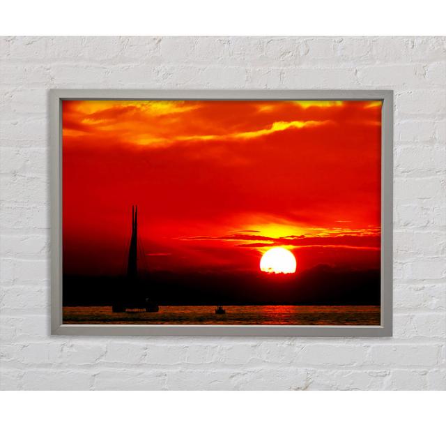 Sailing Into The Red Sunset Framed Print Highland Dunes Size: 100cm H x 141.4cm W x 3.3cm D, Format: White Framed Canvas on Productcaster.