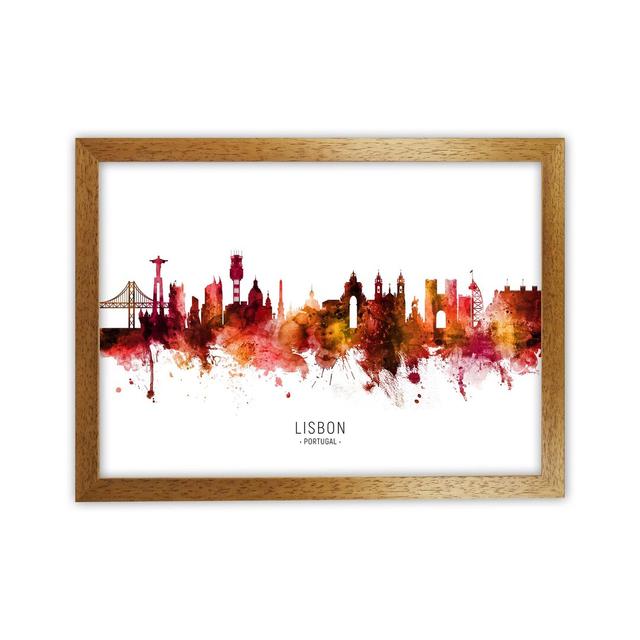 Lisbon Portugal Skyline Red City Name by Michael Tompsett - Graphic Art Ebern Designs Format: Oak Framed, Size: 25cm H x 34cm W x 3cm D on Productcaster.