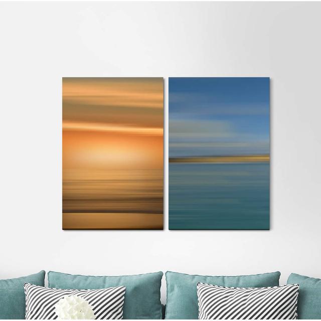 2-tlg. Leinwandbilder-Set - Grafikdruck „Gold Turquoise Modern Waves Sunset Horizon Minimal” East Urban Home on Productcaster.