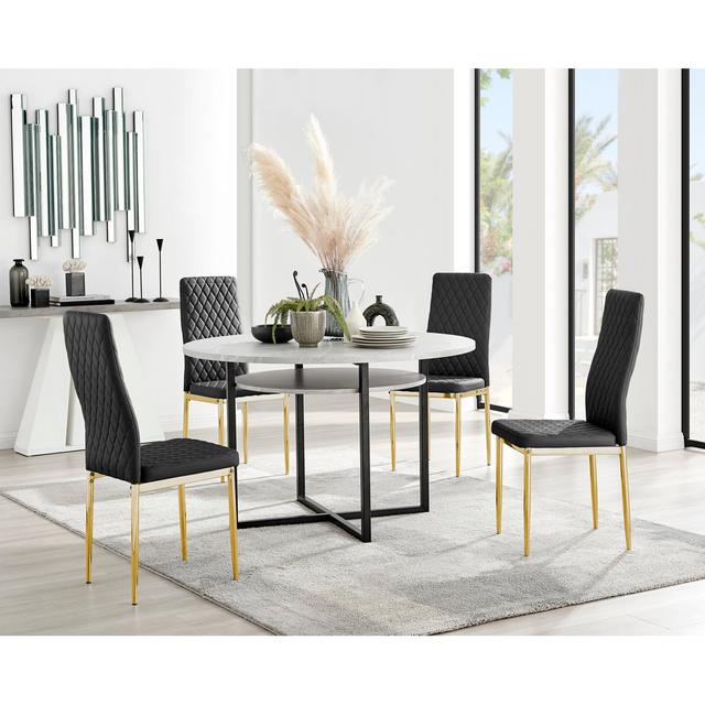 Round Concrete Effect & Black Legs Dining Table With Storage Shelf & 4 Faux Leather Dining Chairs Canora Grey Colour (Chair): Black/Gold, Colour (Tabl on Productcaster.