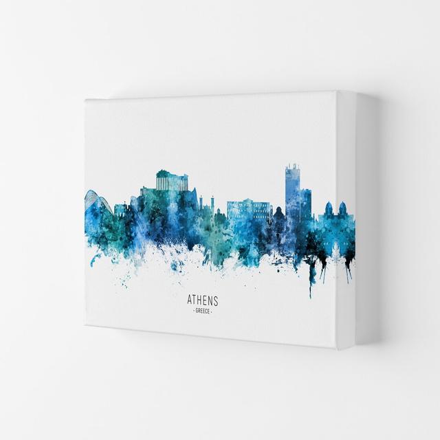 Athens Greece Skyline Blue City Name by Michael Tompsett - Graphic Art Ebern Designs Size: 21cm H x 29.7cm W x 4cm D, Format: Wrapped Canvas on Productcaster.