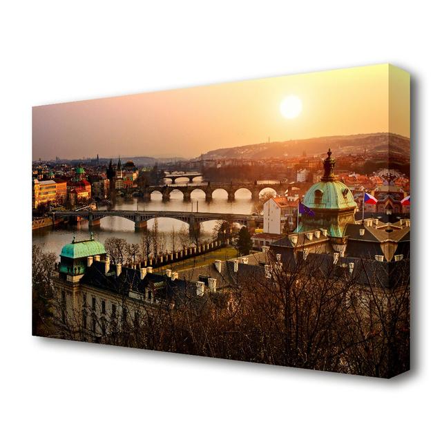 Stunning Sunrise Bridges Prague - Wrapped Canvas Photograph Print East Urban Home Size: 81.3 cm H x 121.9 cm W on Productcaster.