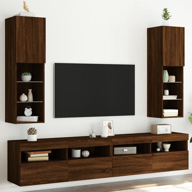 vidaXL TV-Schränke mit LED-Leuchten 2 Stk. Grau Sonoma 30,5x30x102 cm (Set of 2) Metro Lane Farbe: Braun Eichen-Optik on Productcaster.