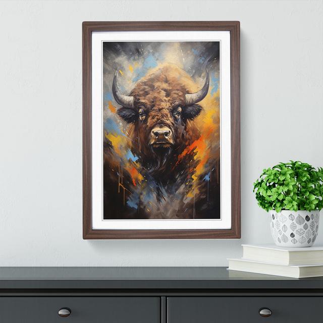 Bison Hard Edge Painting - Single Picture Frame Print on Wood Natur Pur Format: Walnut Framed, Size: 64cm H x 46cm W x 2cm D on Productcaster.