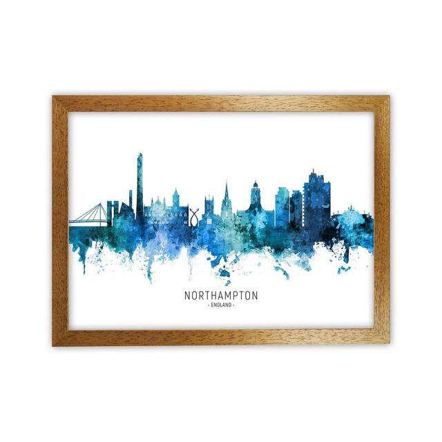 Northampton England Skyline Blue City Name by Michael Tompsett - Graphic Art Ebern Designs Size: 25cm H x 34cm W x 3cm D, Format: Oak Framed on Productcaster.