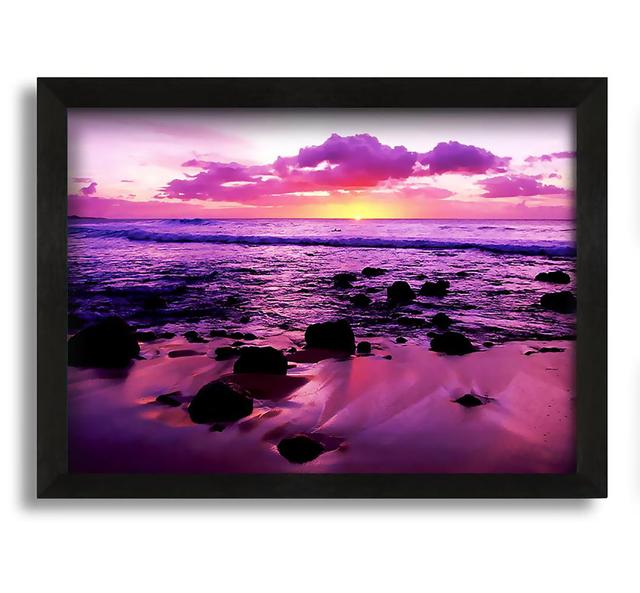 Gerahmtes Leinwandbild Purple Ocean Sunrise Rocks Haus am Meer Größe: 42 cm H x 60 cm B x 10 cm T, Format: Schwarz gerahmte Leinwand on Productcaster.