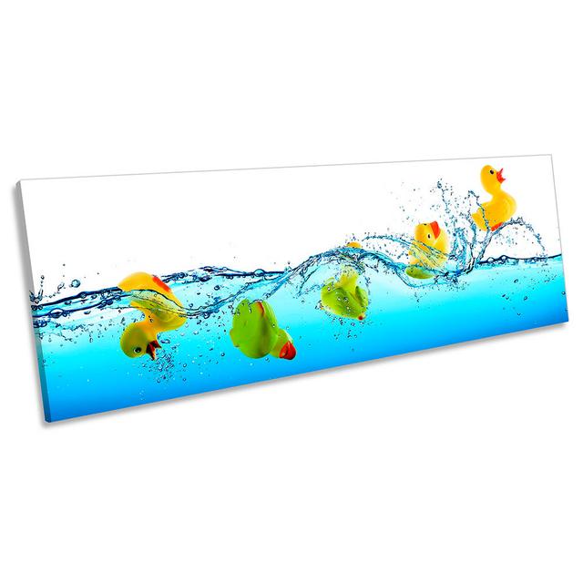 Jumping Rubber Duck Bathroom Print PANORAMA CANVAS WALL ART Picture Blue Maturi Size: 40.64cm H x 121.92cm W on Productcaster.