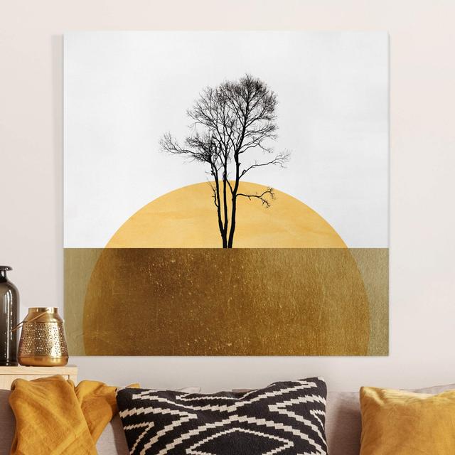 Golden Sun with Tree - Wrapped Canvas Graphic Art Rosalind Wheeler Size: 80cm H x 80cm W, Format: 330g/m² recycled canvas on Productcaster.