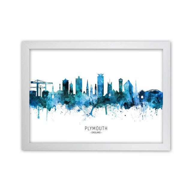 Plymouth England Skyline Blue City Name by Michael Tompsett - Print Ebern Designs Size: 64cm H x 88cm W x 3cm D, Format: White Framed on Productcaster.