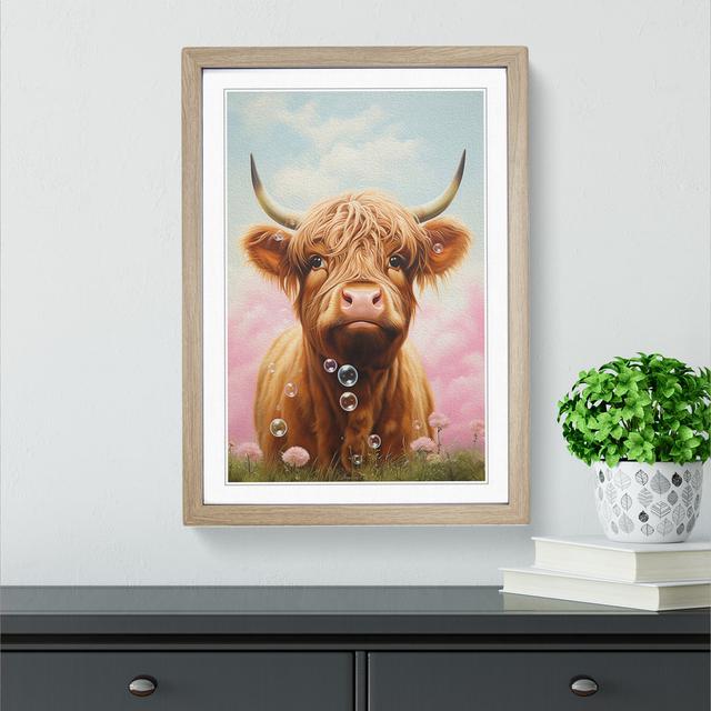 Highland Cow Bubble Gum - Single Picture Frame Print on Wood Alpen Home Size: 64cm H x 46cm W x 2cm D, Format: Oak on Productcaster.