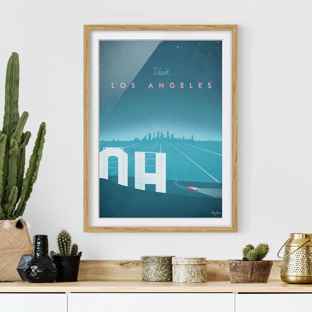 Picture With Frame - Travel Poster - Los Angeles - Portrait 4:3 - B Happy Larry Frame Option: Brown Framed, Size: 70cm H x 50cm W x 2cm D on Productcaster.