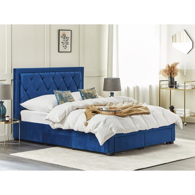 Velvet EU King Size Storage Bed Canora Grey Size: European Kingsize (160x200 cm), Colour: Blue on Productcaster.