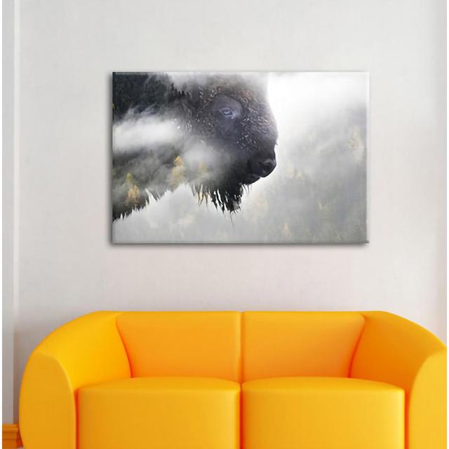 Leinwandbild Wild Bison in Foggy Forest Alpen Home Maße: 60 cm H x 80 cm B x 1,8 cm T on Productcaster.