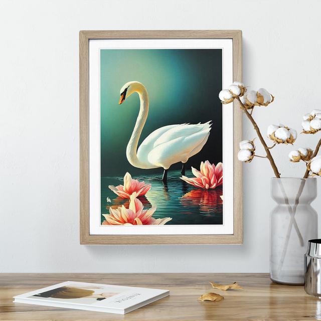 Swan In A Lily Pond - Single Picture Frame Print Marlow Home Co. Frame Colour: Oak Framed, Size: 46cm H x 34cm W x 2cm D on Productcaster.